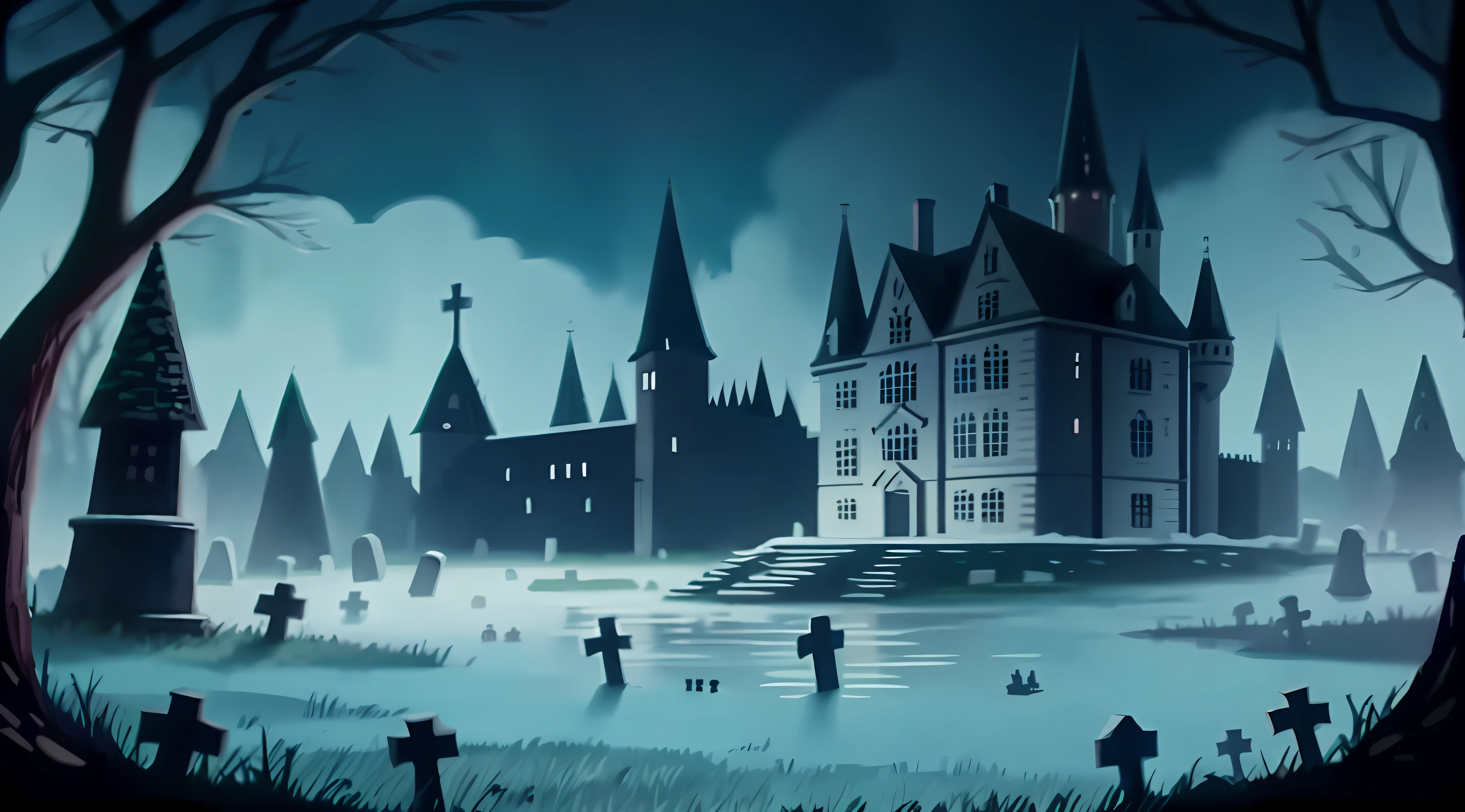 Close-up of the castle in the middle of the lake, graveyard background, Dark cemetery scene, Cemetery view at night, graveyard, haunted background, graveyard landscape, in the middle of a graveyard, background artwork, burial site!!, Horror, in a graveyard, burial site, spooky mansion, random background scene, cartoon moody scene, still from animated horror movie