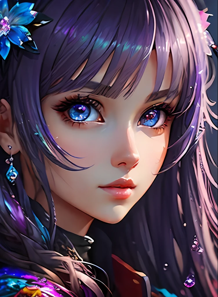 ((top-quality)), ((​masterpiece)), ((realisitic)), (detaileds),anime styled、 (1人の女性)Close up portrait of woman with greenish-purple hair without hair ornament、Beautiful shining eyes, Like crystal clear glass、Casual clothing、4K high-definition digital art、stunning digital illustration、Stunning 8K artwork、colorfull digital fantasy art、Colorful and bright、beautiful digital works of art、Colorful Digital Painting、digital anime art、Portrait of beautiful woman、8K HD Digital Wallpaper Art、 Gorgeous Digital Painting