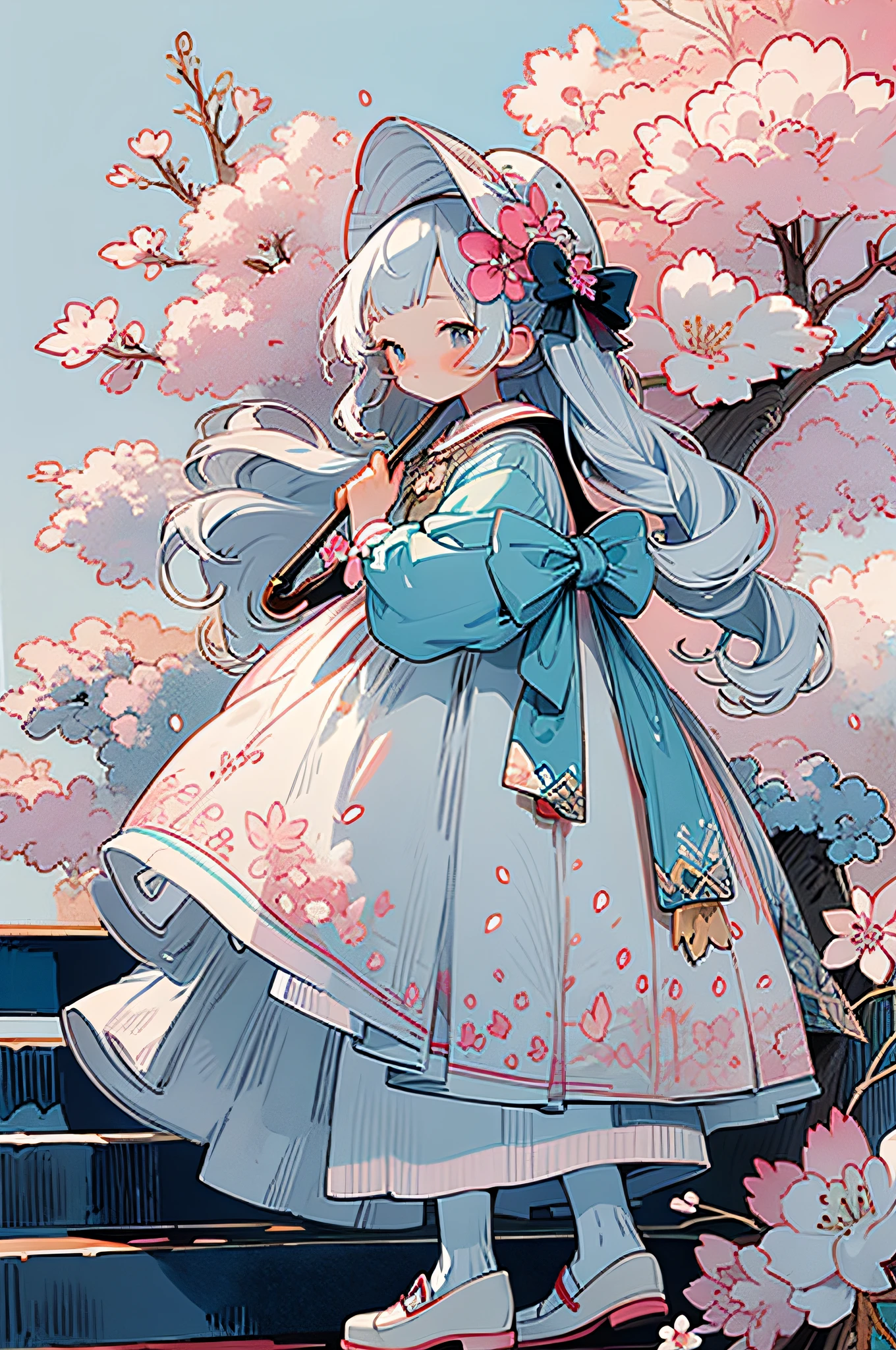 1girl, bird, umbrella, long hair, outdoors, dress, solo, blue eyes, holding, white dress, pink flower, flower, black footwear, white hair, day, holding umbrella, petals, bag, stairs, long sleeves, looking at viewer, socks, white socks, shoes, sky, bangs, looking back, cherry blossoms, sailor collar, hair flower, blue sky, standing, hair ornament, bow, tree
