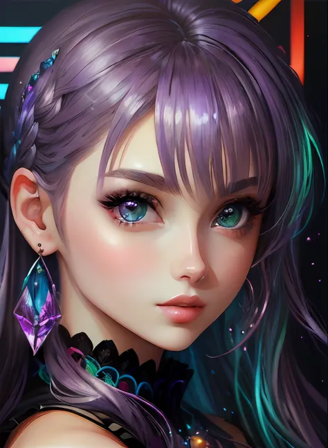 ((top-quality)), ((​masterpiece)), ((realisitic)), (detaileds),anime styled、 (1人の女性）Earrings only accessories、Close up portrait of woman with greenish-purple hair color、Beautiful shining eyes, Like crystal clear glass、Casual sleeveless without collar、Summe...