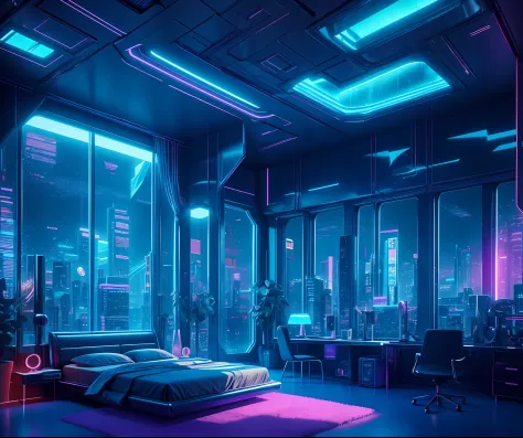 （（tmasterpiece）），（hyper-detailing），（Complicated details），（High resolution CGI artwork 8k），Image of futuristic cyberpunk bedroom。One of the walls should have a large window，There's a busy one above、extremely colorful、Detailed cyberpunk cityscape。Futuristic ...