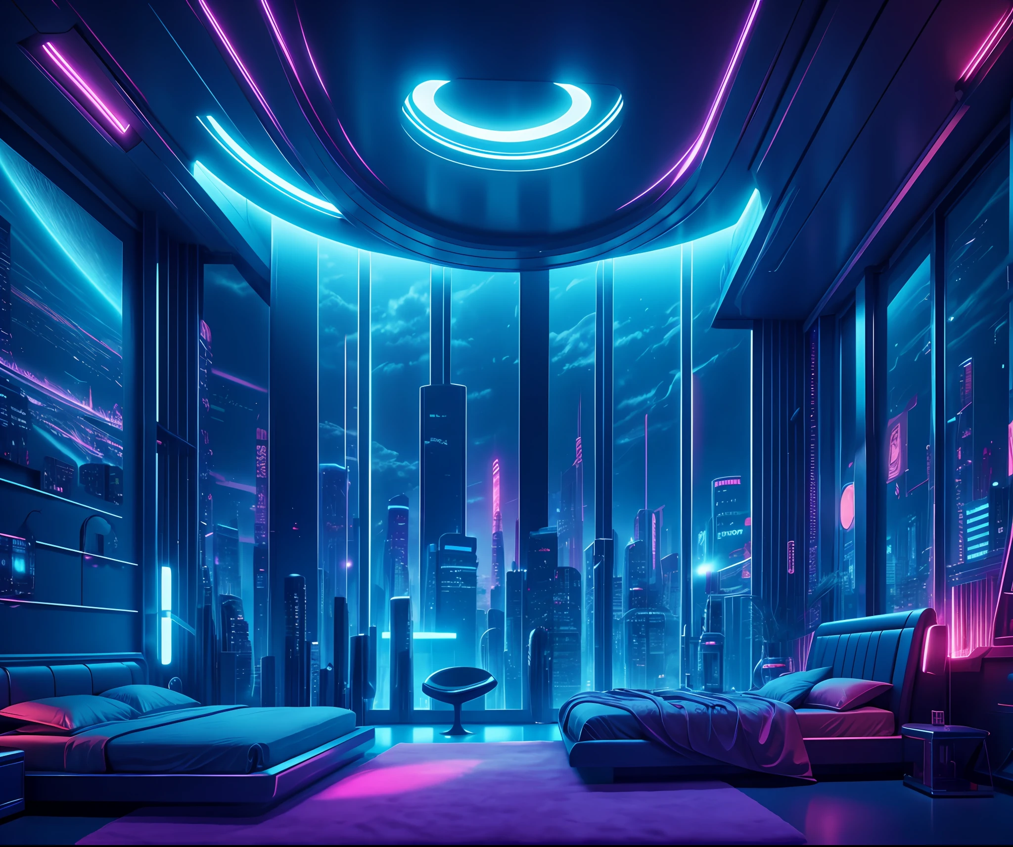 （（tmasterpiece）），（hyper-detailing），（Complicated details），（High resolution CGI artwork 8k），Image of futuristic cyberpunk bedroom。One of the walls should have a large window，There's a busy one above、extremely colorful、Detailed cyberpunk cityscape。Futuristic style，There are many colors and LED lights。The cityscape should be very detailed，depth of fields。Create depth with atmospheric lighting，Evoke the feeling of a busy futuristic city outside the window。Extremely sci-fi interior，Pay close attention to facial details，Such as complex、Hire eyes and bedroom accents。cameras：Wide-angle lens showing rooms and windows。The window should be the focal point of the image。illuminating：Use atmospheric and volumetric lighting to enhance cityscape detail。The room should be illuminated by the neon lights of the cityscape。