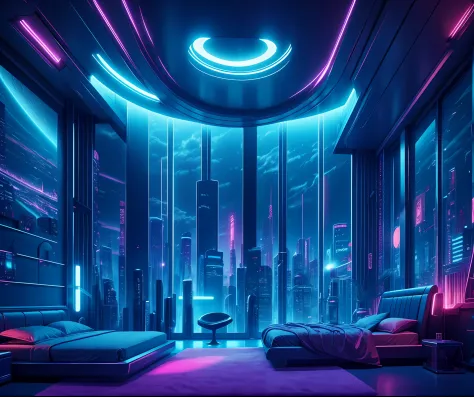 （（tmasterpiece）），（hyper-detailing），（Complicated details），（High resolution CGI artwork 8k），Image of futuristic cyberpunk bedroom。One of the walls should have a large window，There's a busy one above、extremely colorful、Detailed cyberpunk cityscape。Futuristic ...