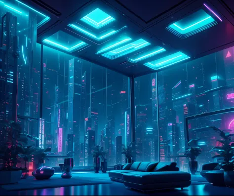 （（tmasterpiece）），（Hyper-detailing），（Complicated details），（High resolution CGI artwork 8k），Future living room，Complex futuristic cyberpunk image。One of the walls should have a large window，There's a busy one above、Extremely colorful、Detailed cyberpunk citys...