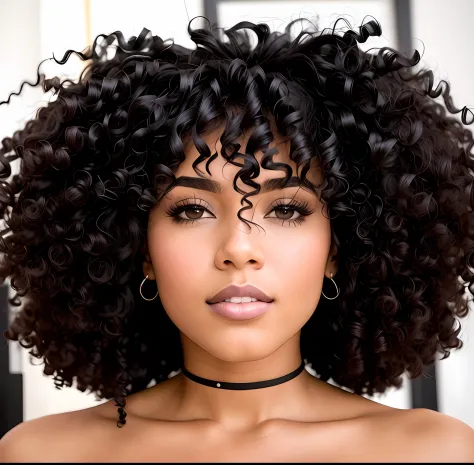 a woman with a afro rizado is posing for a picture, afro rizado, short  blonDe afro, flequillo rizado, short curly blonDe haireD girl - SeaArt AI
