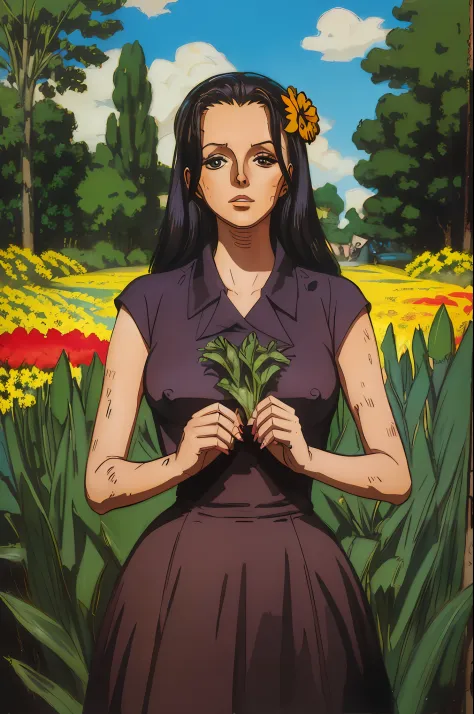 nico robin in a spy outfit, covered in grease and dirt, flower garden in the background, NSFW, vintage illustration, vibrant and...