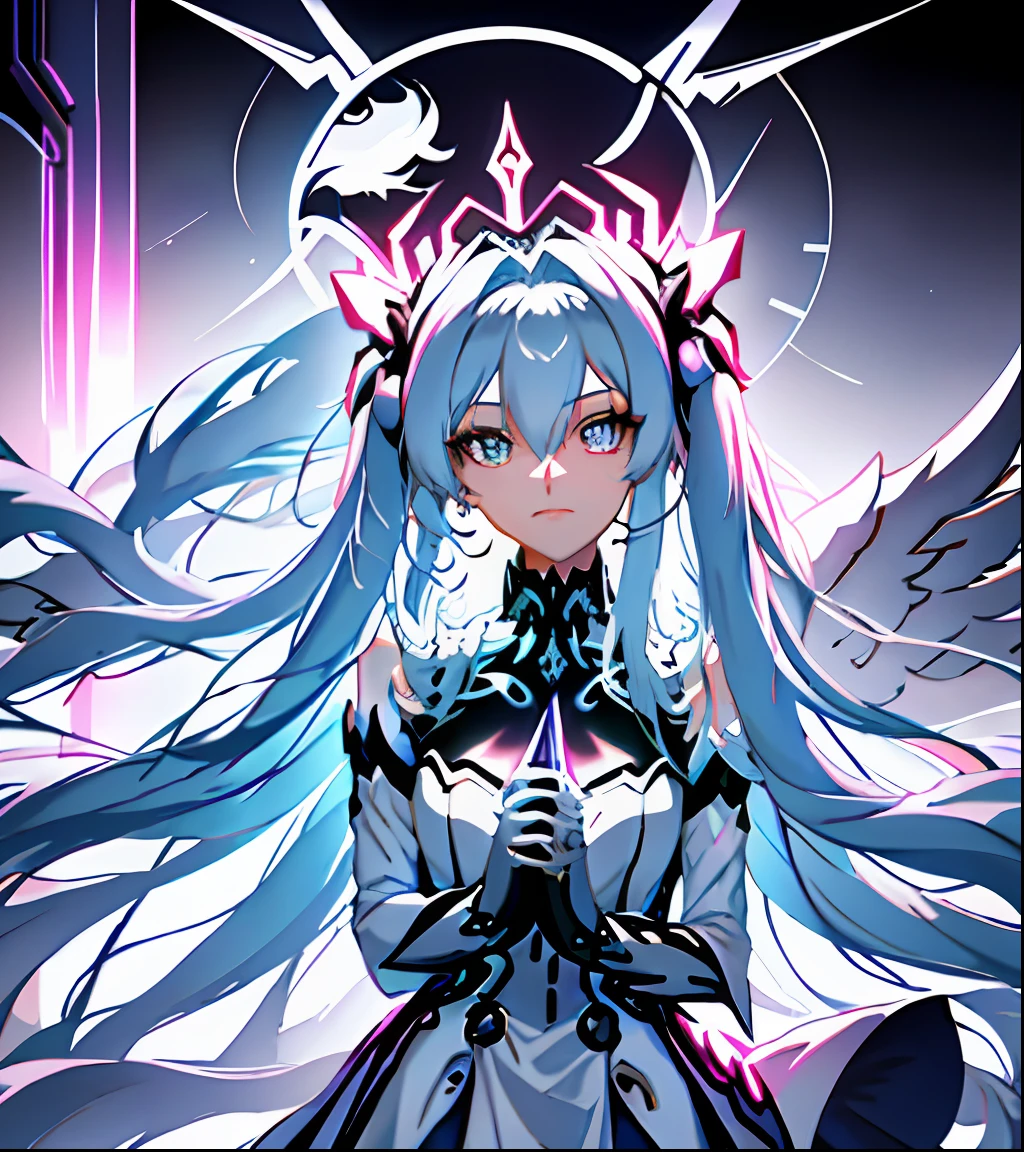 teens girl，In a dark room at night，There are angelic wings and halos，Presenting a demon anime girl with a nighttime core theme。Based on Azure channel styles，Combine ethereal and mecha themes，Showcasing anime goddesses and white-haired mysterious characters。Depicting female characters from ethereal anime in a high-quality anime art style，It gives an angelic feeling。