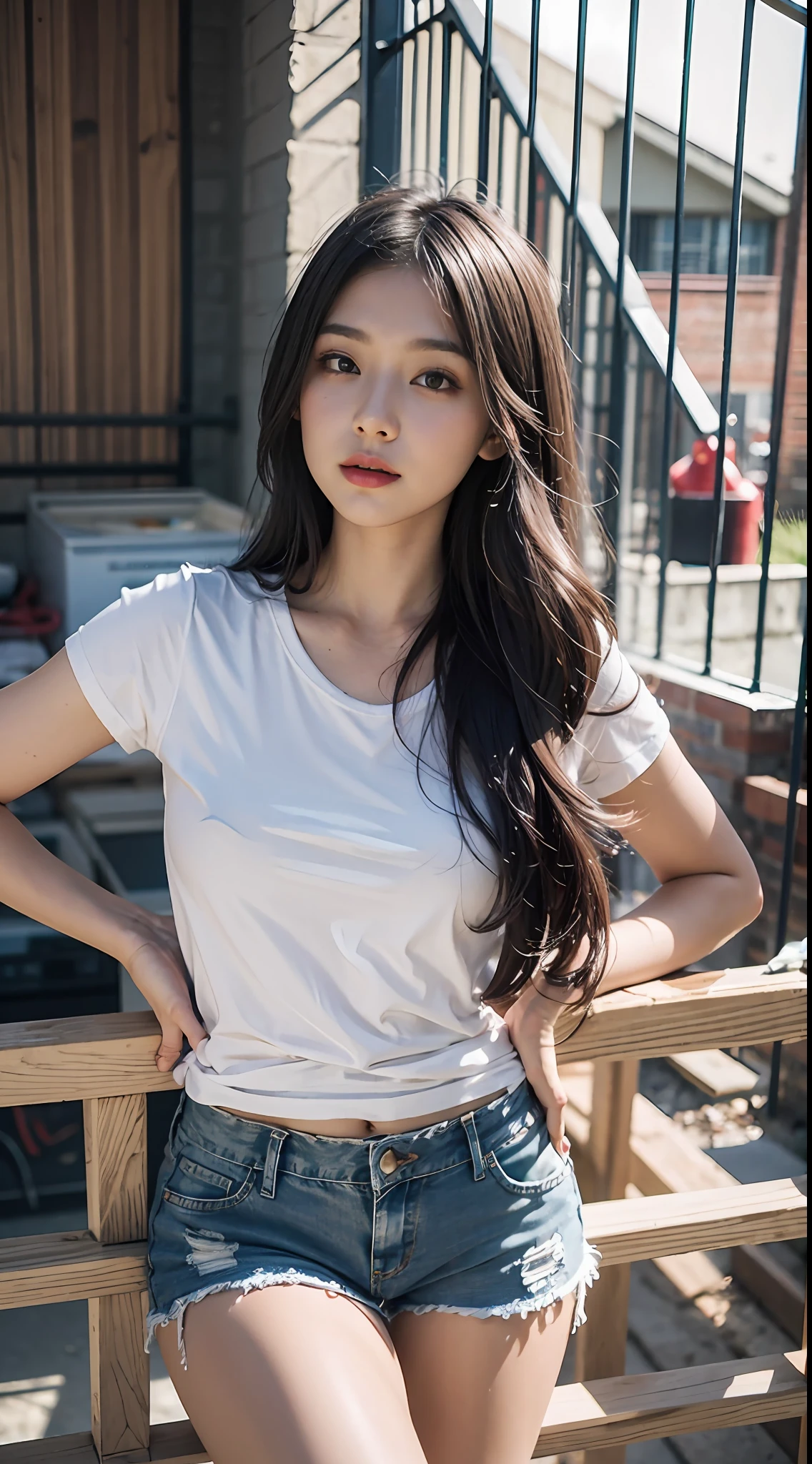 Girl wearing blue denim shorts，Wear it with a white T-shirt，posed for photo，above waist，Slim body，Smaller bust，Slim girl model，24 years old female model，Lying on the construction site，documentary photography,crossed bangs,Accent Lighting，（best qualtiy，8K，32K，tmasterpiece，hyper HD：1.3）