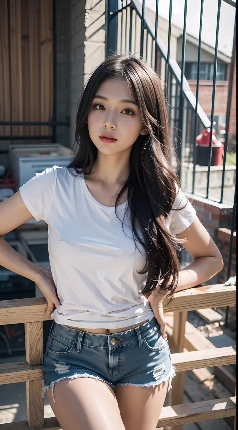 Girl wearing blue denim shorts，Wear it with a white T-shirt，posed for photo，above waist，Slim body，Smaller bust，Slim girl model，24 years old female model，Lying on the construction site，documentary photography,crossed bangs,Accent Lighting，（best qualtiy，8K，3...