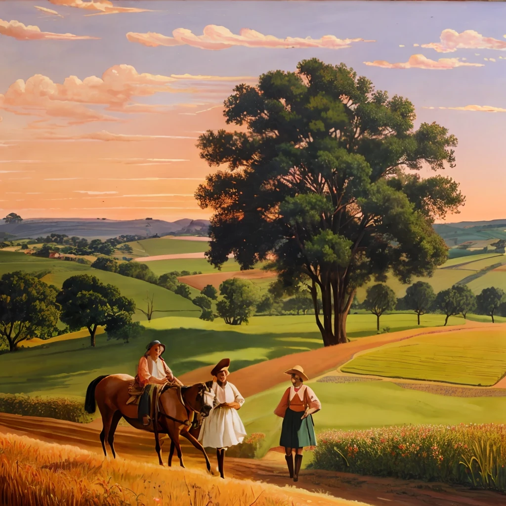 Imagine A rural landscape in the late nineteenth century, com uma fazenda pitoresca, campos verdejantes, agricultural workers in traditional costumes, a windmill spinning in the background and a sky painted with soft shades of orange and pink, evoking the tranquility and serenity of country life at that time.