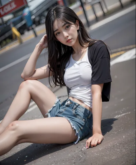 Asian woman sitting on the side of the road, photo of slim girl model, Korean girl, sexy girl wearing shorts, Beautiful girl model, Chinese girl, Gorgeous young Korean woman, Beautiful model girl, beautiful Korean women, Attractive pose, hot with shining s...