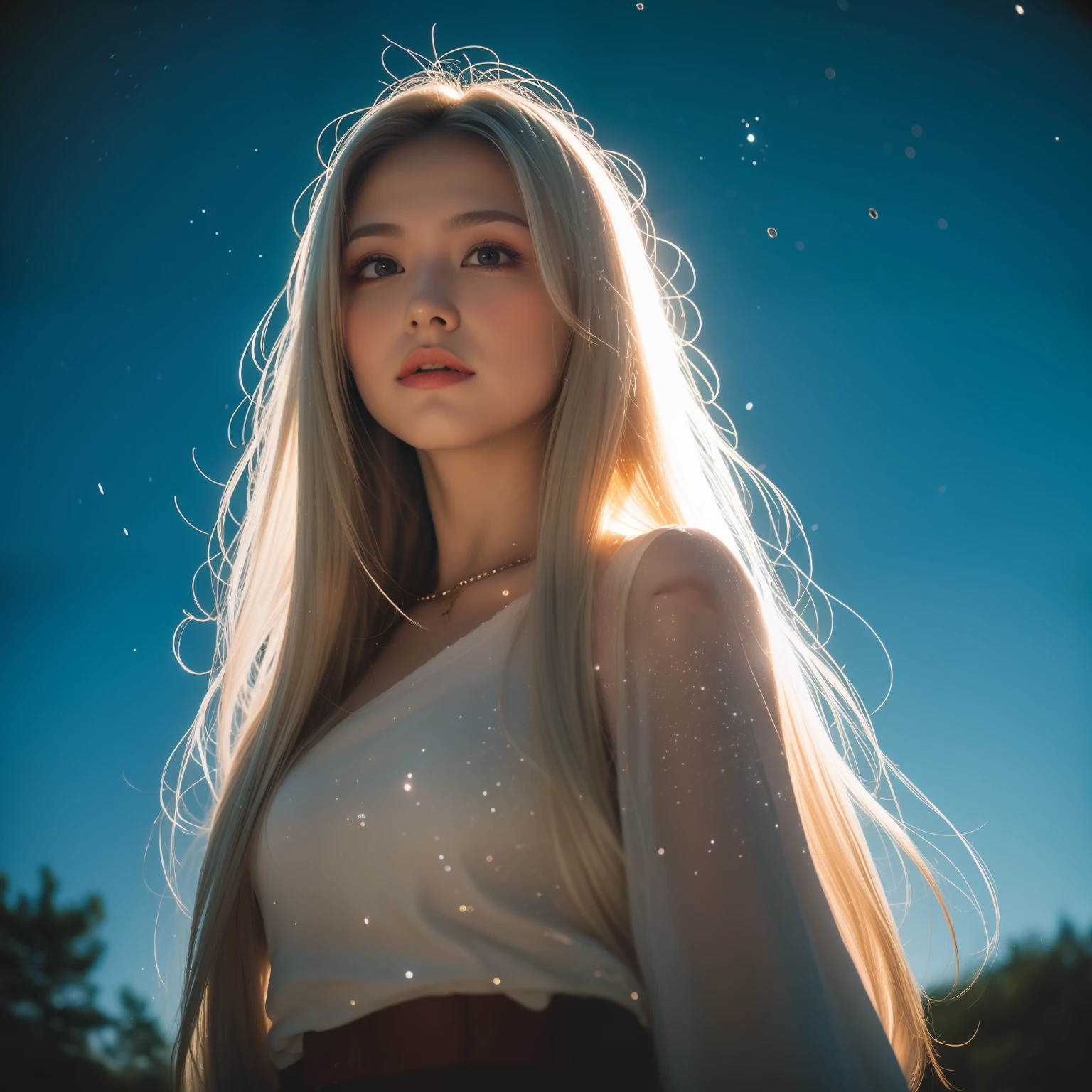 1girl,star_\(sky\), starry_sky, night, shooting_star, night_sky, space, milky_way, 1girl, sky, mecha, long_hair, weapon, snowing, galaxy, light_particles, constellation, space_craft, aurora, white_hair, armor, photography, masterpiece, best quality, 8K, HDR, highres, absurdres:1.2, Kodak portra 400, film grain, blurry background, bokeh:1.2, lens flare, (vibrant color:1.2),gril.