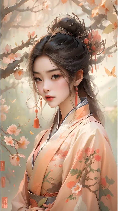 Beautiful Chinese girl，Hold a round fan，Stand under a peach blossom tree，The face is filled with sorrow，Background with：A corner...