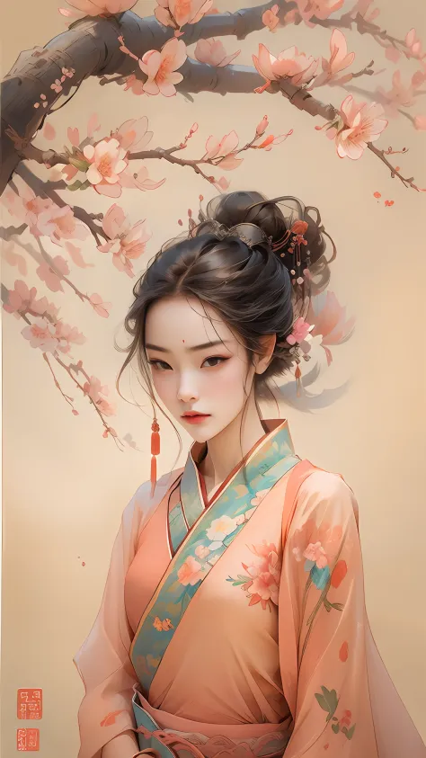 beautiful chinese girl，hold a round fan，stand under a peach blossom tree，the face is filled with sorrow，background with：a corner...