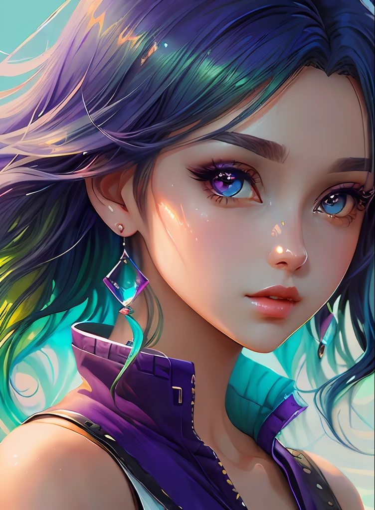 ((top-quality)), ((​masterpiece)), ((realisitic)), (detaileds),animesque、anime styled、 (1人の女性）Earrings only accessories、Close up portrait of woman with greenish-purple hair color、Beautiful shining eyes, Like crystal clear glass、Casual sleeveless without collar、Summer clothes、4K high-definition digital art、stunning digital illustration、Stunning 8K artwork、colorfull digital fantasy art、Colorful and bright、beautiful digital works of art、Colorful Digital Anime Art、Portrait of beautiful woman、8K HD Digital Wallpaper Art、 Gorgeous Digital Painting