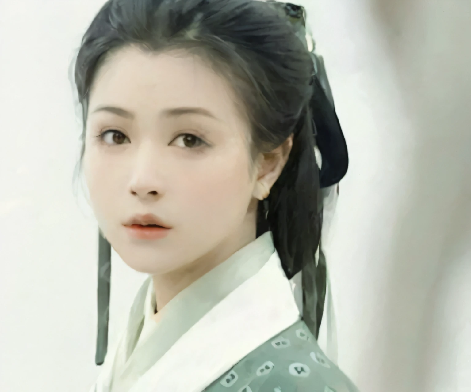 one-girl， Ancient Chinese clothing， full bodyesbian， rays of sunshine， Clear face， Clean white background， tmasterpiece， super detailing， Epic composition， hyper HD， high qulity， extremely detaile， offcial art， Uniform 8K wallpaper， super detailing， 32K，tmasterpiece,Need,ultra - detailed,illustration,(((almond eyes))), Black hair, Black eyeballs, eyeslashes, slightly open mouth, small mouth, sad eyes,