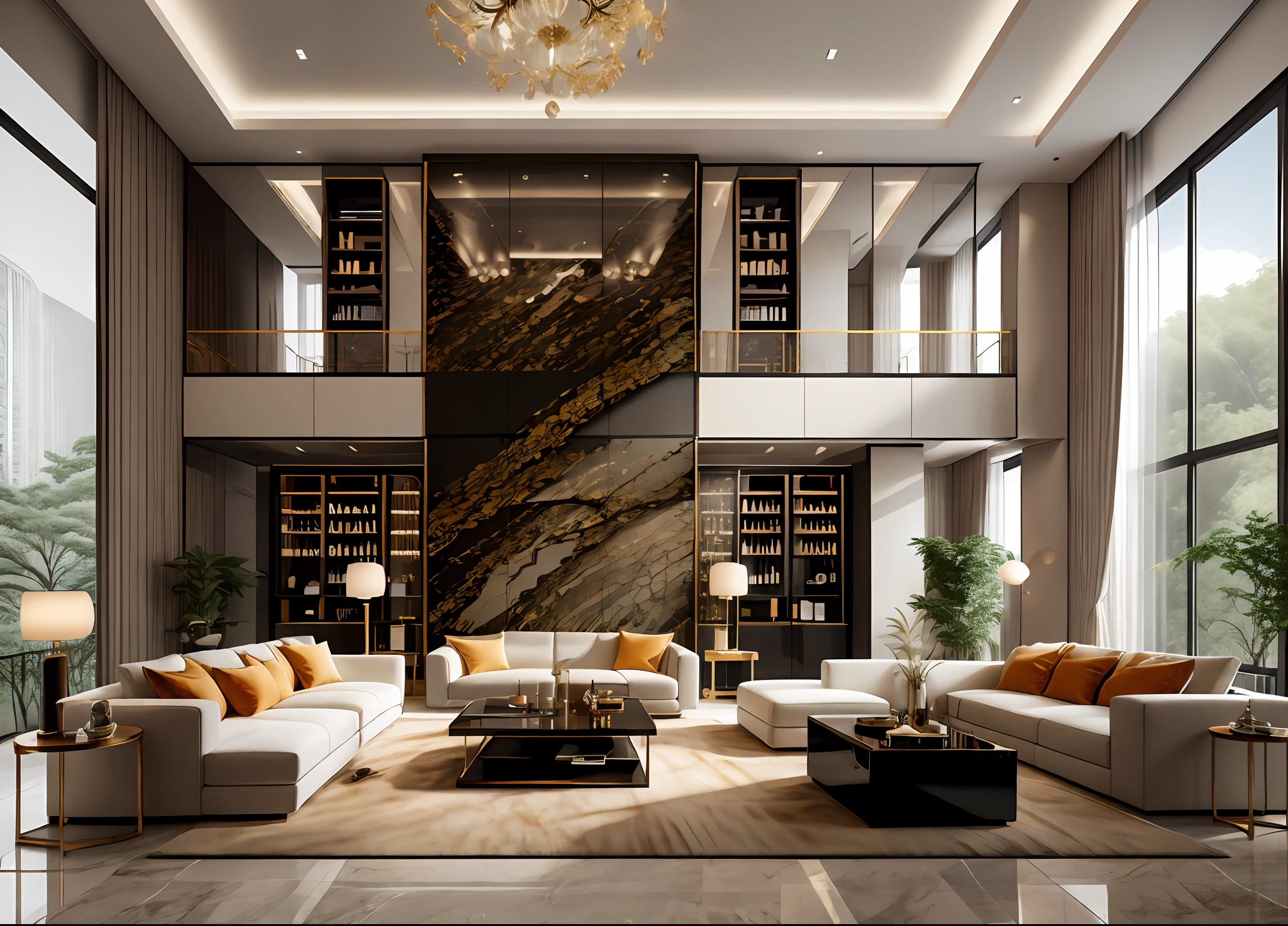 Ultra photo realsisim， tmasterpiece， best qualtiy， ultra - detailed， 超高分辨率， RAW photogr， 8K，
modern living room，modern living room，luxurious ambiance，A blend of minimalism and symmetry，Floor-to-ceiling windows are flooded with natural light。

Beautifully placed furniture in the center，Includes comfortable sofas and seats，Mild color。

Huge works of modern art hang on the walls，Bold colors，The artist's unique style。

The wall decoration is embellished with metal sculptures，Complement the mirrored wall，Broaden the sense of space。

Gorgeous ceiling design，The chandelier decoration is filled with warm and soft light。

The modern living room is equipped with high-tech entertainment equipment，Includes large curved TV and stereo。

The overall presentation is luxurious and comfortable，Provide the ultimate living experience
 masterpiece，Ultra photo realsisim，32k，the Extremely Detailed CG Unity 8K Wallpapers，best qualtiy