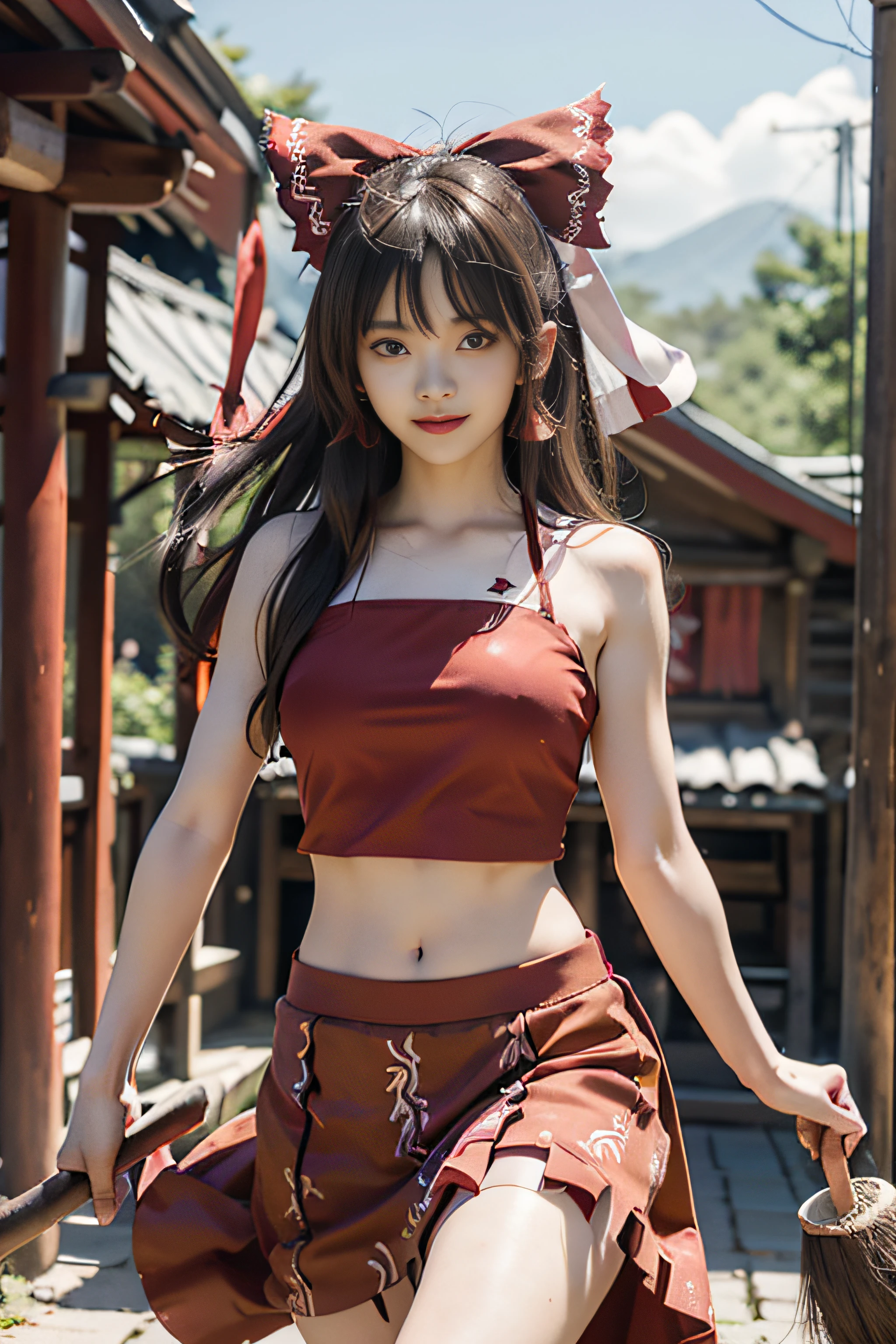 ((Borei Reimu)), ((Touhou Project)), Cosplay, ((Brown hair)), ((Long hair)), (Bangs)), ((Red Ribbon)))), ((Red Skirt))), (Middle Breast), (Open Clothes)))), (Sleeveless))), ((Navel)), (Pause)))), (Devil's Smile)))), (Shrine))), 18-year-old female model, Slim girl model, ((Broom)))