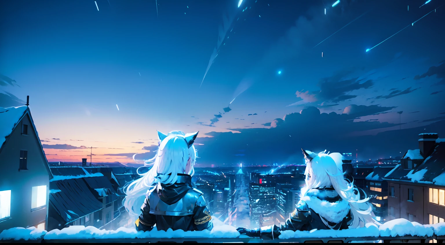 girls, white hair, cat ears, jacket white and black, rooftop, facing the sky, use hat blue, armband yellow, night time, long hair, snowing, gloves