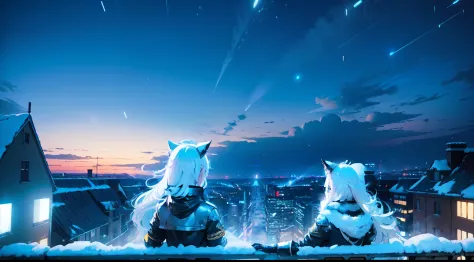 girls, white hair, cat ears, jacket white and black, rooftop, facing the sky, use hat blue, armband yellow, night time, long hai...