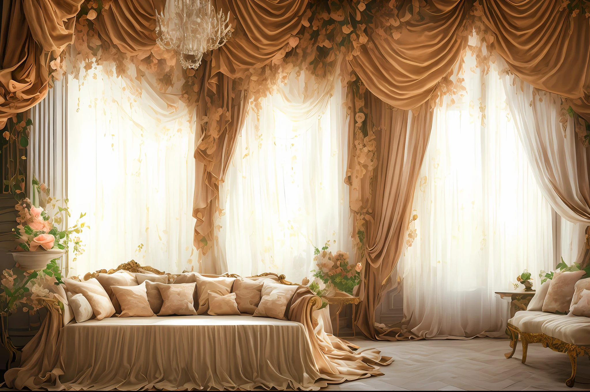 there is a room with a window and a curtain with flowers, beautiful drapes, background made of big curtains, atmospheric beautiful details, stunning arcanum backdrop, baroque style painting backdrop, beautiful studio soft light, cream - colored room, dreamy atmosphere and drama, with backdrop of natural light, lavishly decorated, ornate backdrop, draped in velvet and flowers