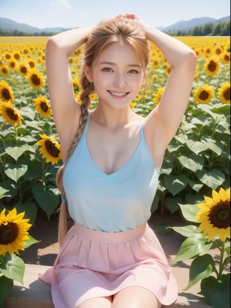 (top-quality、8K、32K、​masterpiece)、blue-sky、sunflowers fields、Cheerful smile、raise arms、armpit、wink、a blond、15 years old in Russi...