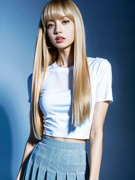 lisa light yellow long hair, lisa face shape, wearing a tight white t-shirt, open waist, light blue pleated skirt, long legs, ma...