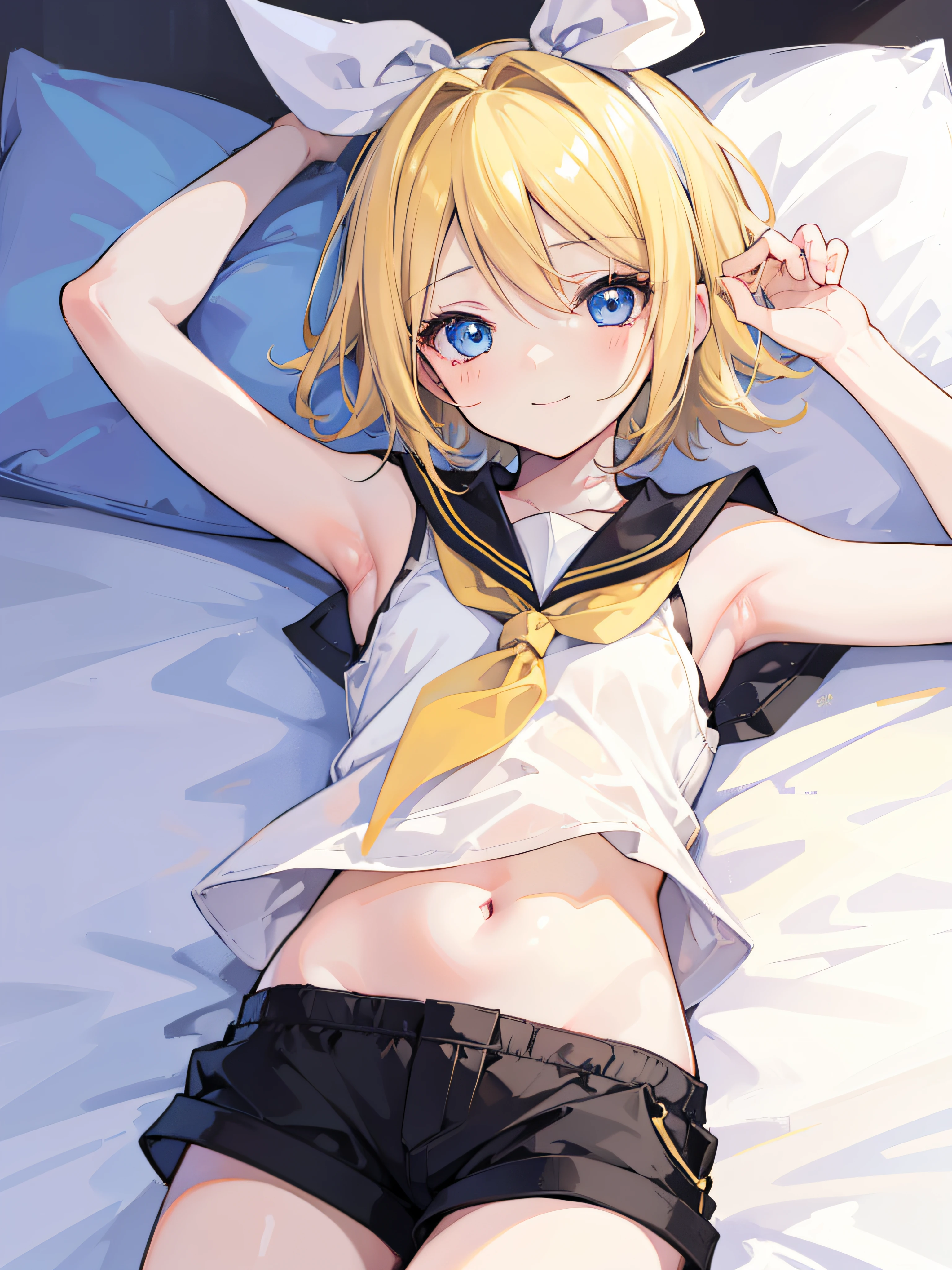 one girl, (Kagamine_Rin), blue eyes, blond hair, short hair, cute, pure, innocent, young, on bed, (lying on bed), sailor uniform, (black short pants), gently smile, girl loves you, upper body focus