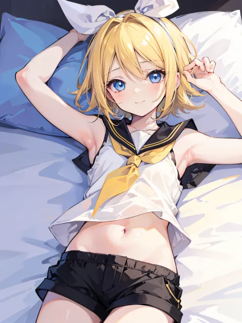 one girl, (Kagamine_Rin), blue eyes, blond hair, short hair, cute, pure, innocent, young, on bed, (lying on bed), sailor uniform...