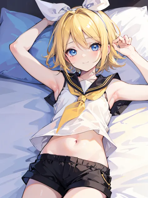 one girl, (kagamine_rin), blue eyes, blond hair, short hair, cute, pure, innocent, young, on bed, (lying on bed), sailor uniform...