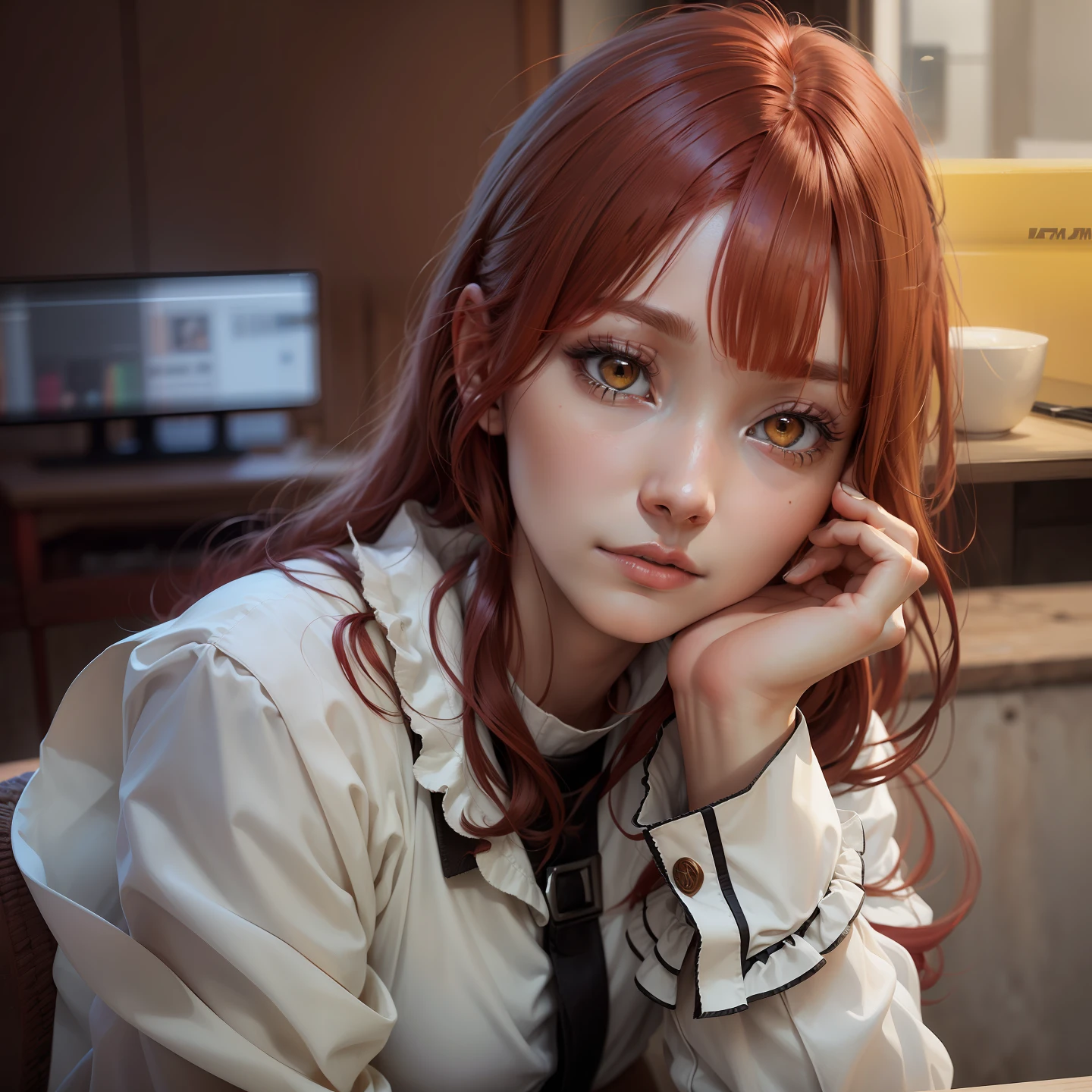 Makima, red hair, long hair, white shirt, yellow eyes, realistic, ultra detail, 70mm lens