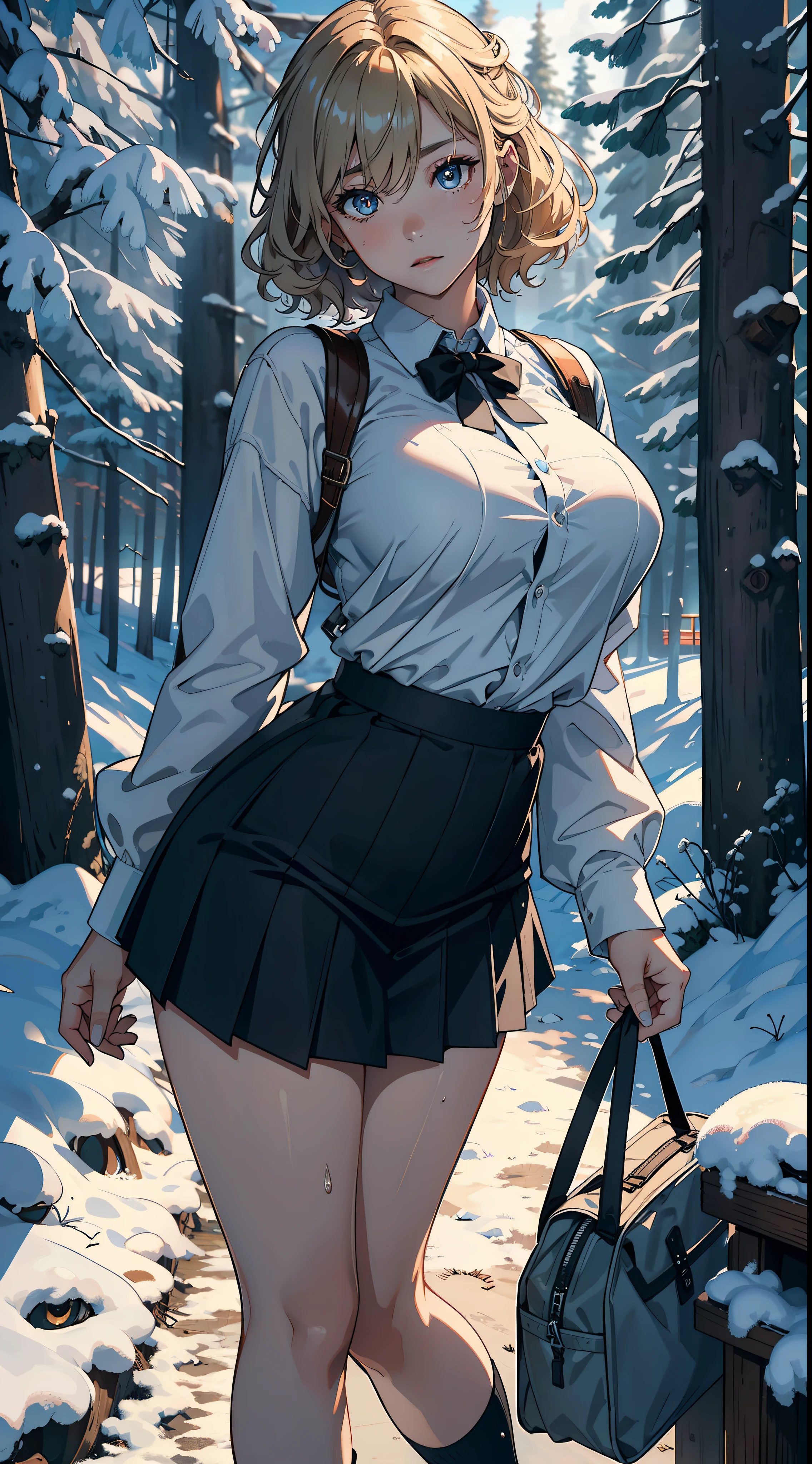 1female，18yr old，Large breasts， 独奏，（Background with：coniferous forest，at winter season，Snow on the ground）  She has short blonde hair， standing on your feet，Sweat profusely，drenched all over the body，From the front side， curlies， mostly cloudy sky，（（（tmasterpiece），（Very detailed CG unity 8K wallpaper），best qualtiy，cinmatic lighting，detailed back ground，beatiful detailed eyes，Bright pupils，（Very fine and beautiful），（Beautiful and detailed eye description），ultra - detailed，tmasterpiece，）），facing at camera，A high resolution，ultra - detailed），Big high school girl，Wearing a JK uniform，blackstockings，