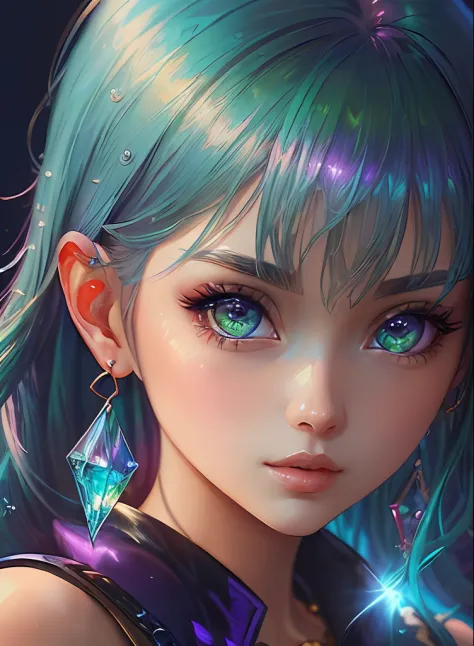 ((top-quality)), ((​masterpiece)), ((realisitic)), (detaileds),animesque、anime styled、 (1人の女性）Earrings only accessories、Close up portrait of woman with greenish-purple hair color、Beautiful shining eyes, Like crystal clear glass、Casual sleeveless without co...