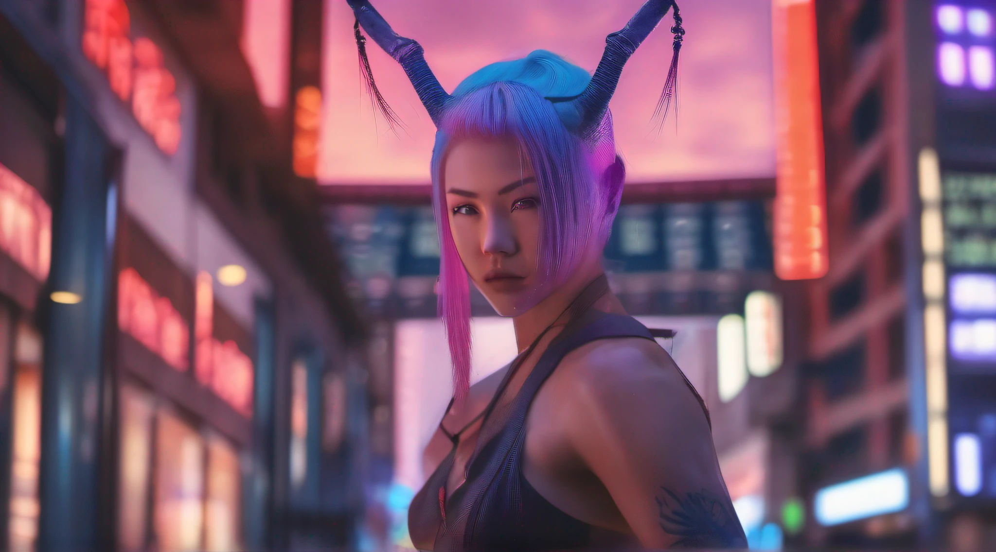 japanese oni is fighting a beautiful girl,18yo, over the city,pink short hair, blue eyes,Conceptual art, best photo shot, glowing light, realistic, UHD, textured skin, masterpiece, anatomically correct, best quality, 8k, full body,