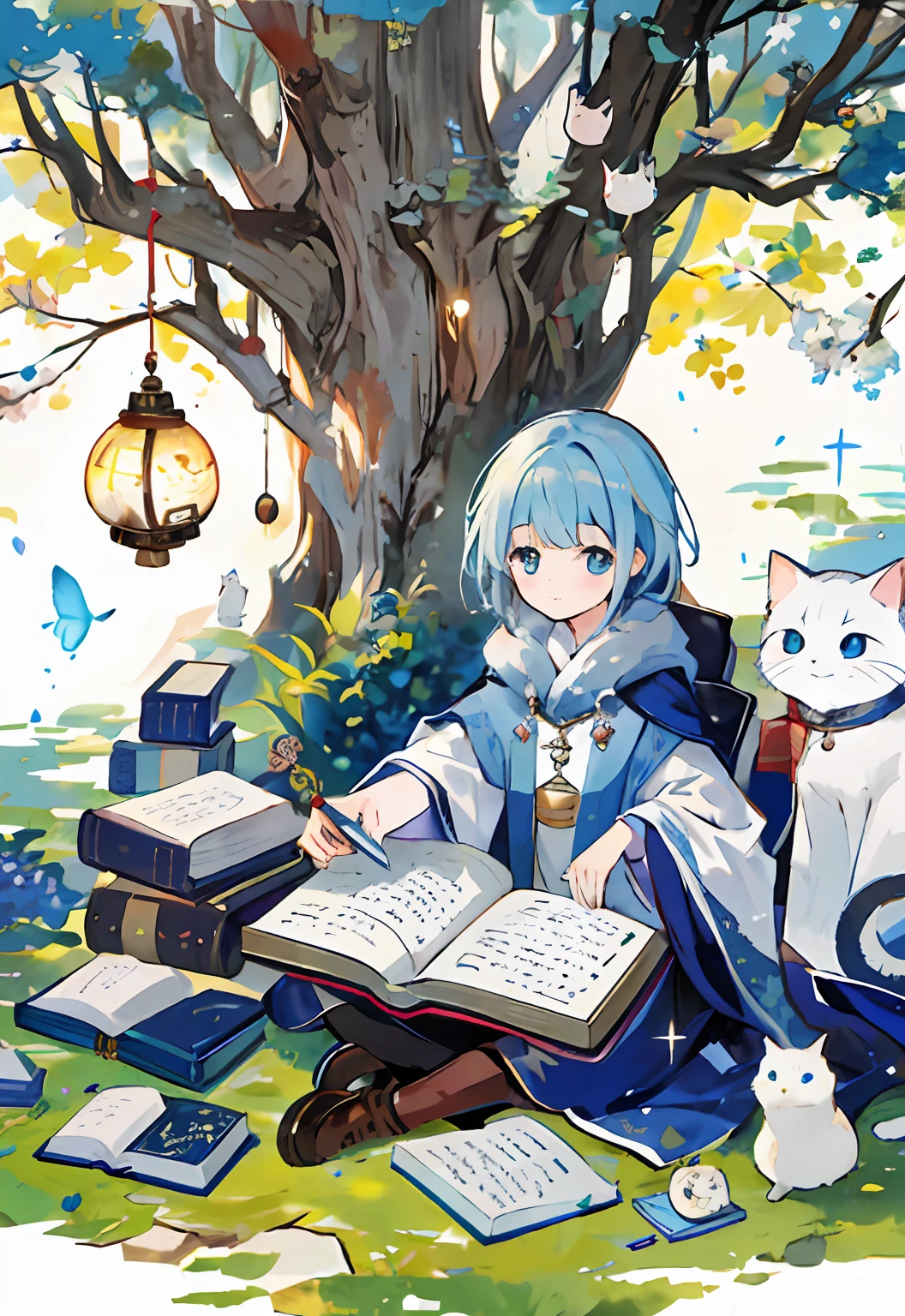 （magic book+incantation）, Xiaowei(handheld+illustration) , Ancient big tree, Focusing on the study of secrets and wisdom, beautiful and cute small animals, cats