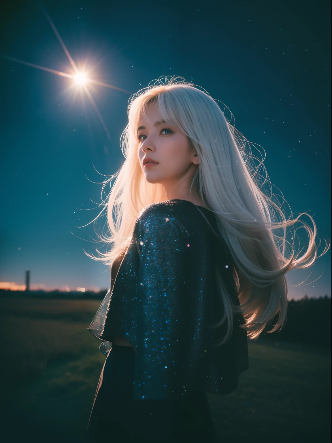 1girl,star_\(sky\), starry_sky, night, shooting_star, night_sky, space, milky_way, 1girl, sky, mecha, long_hair, weapon, snowing, galaxy, light_particles, constellation, space_craft, aurora, white_hair, armor, photography, masterpiece, best quality, 8K, HDR, highres, absurdres:1.2, Kodak portra 400, film grain, blurry background, bokeh:1.2, lens flare, (vibrant color:1.2),gril.