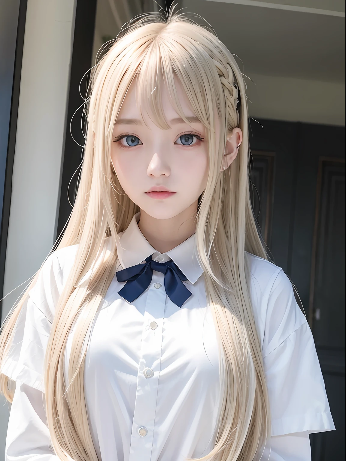 bright expression、photorealisim、top-quality、超A high resolution、a picture、Photos of the most beautiful Nordic girls、Detailed cute and beautiful face、(pureerosface_v1:0.008)、Beautiful bangs、alice in the wonderland、18year old、Glowing white shiny skin、Hair clinging to the face、Bangs that extend to the face、bangss、Hair between the eyes、Super long hair、Attractive bright natural blonde super long straight silky hainer hair、Attractive glowing beautiful bright clear light blue big eyes、School Uniforms、student clothes、eye liner、Double eyelids、ample breasts