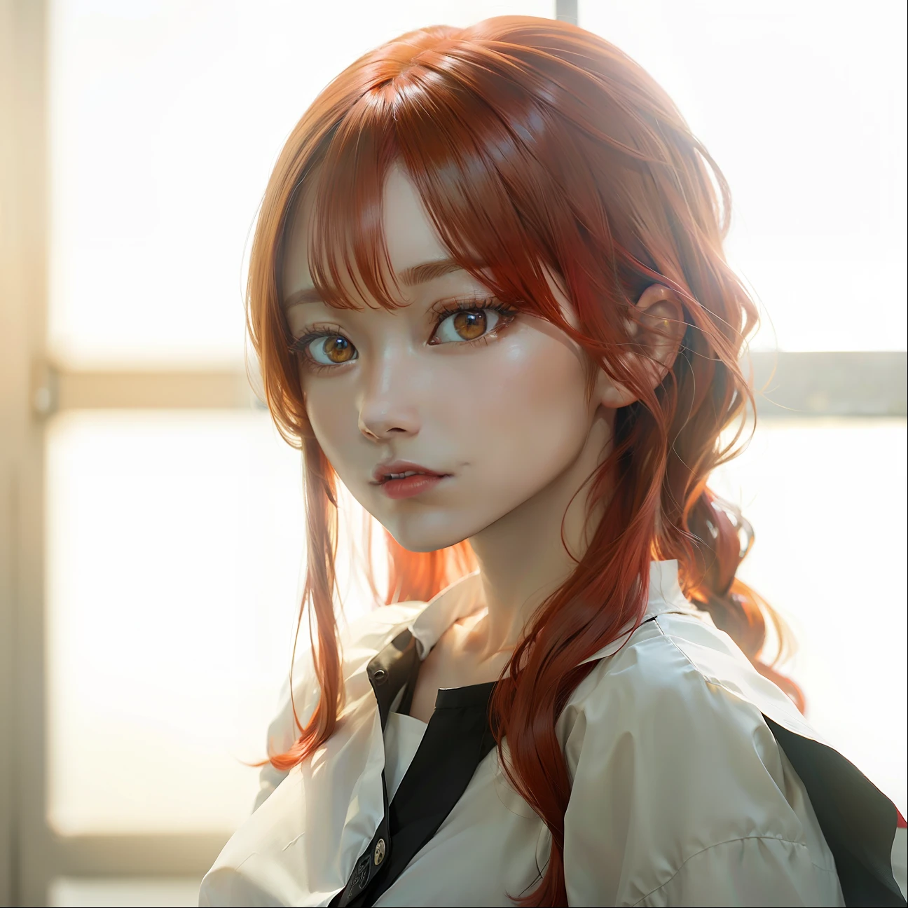 Makima, red hair, long hair, white shirt, yellow eyes, realistic, ultra detail, 70mm lens.