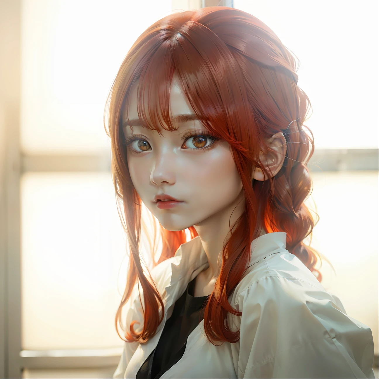 Makima, red hair, long hair, white shirt, yellow eyes, realistic, ultra detail, 70mm lens.