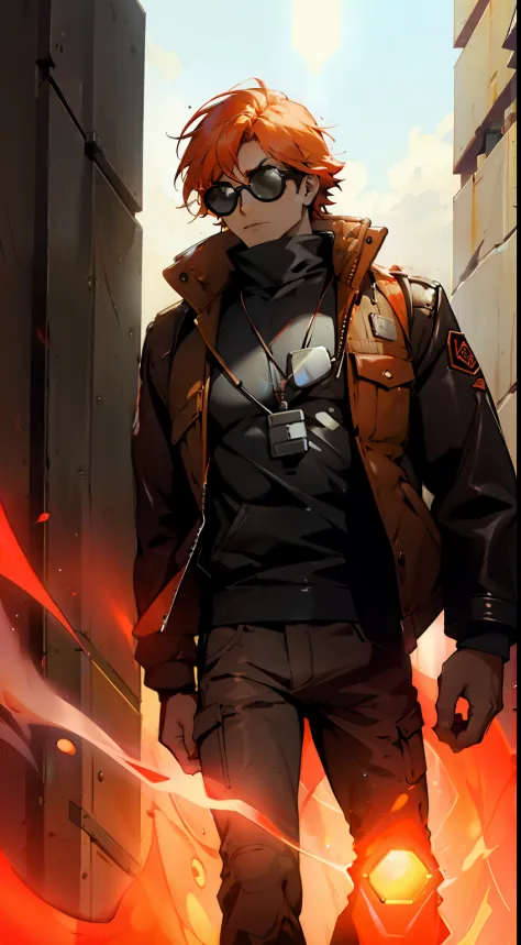 a blind guy emanating a red aura wearing a black jacket and sunglasses with short orange hair