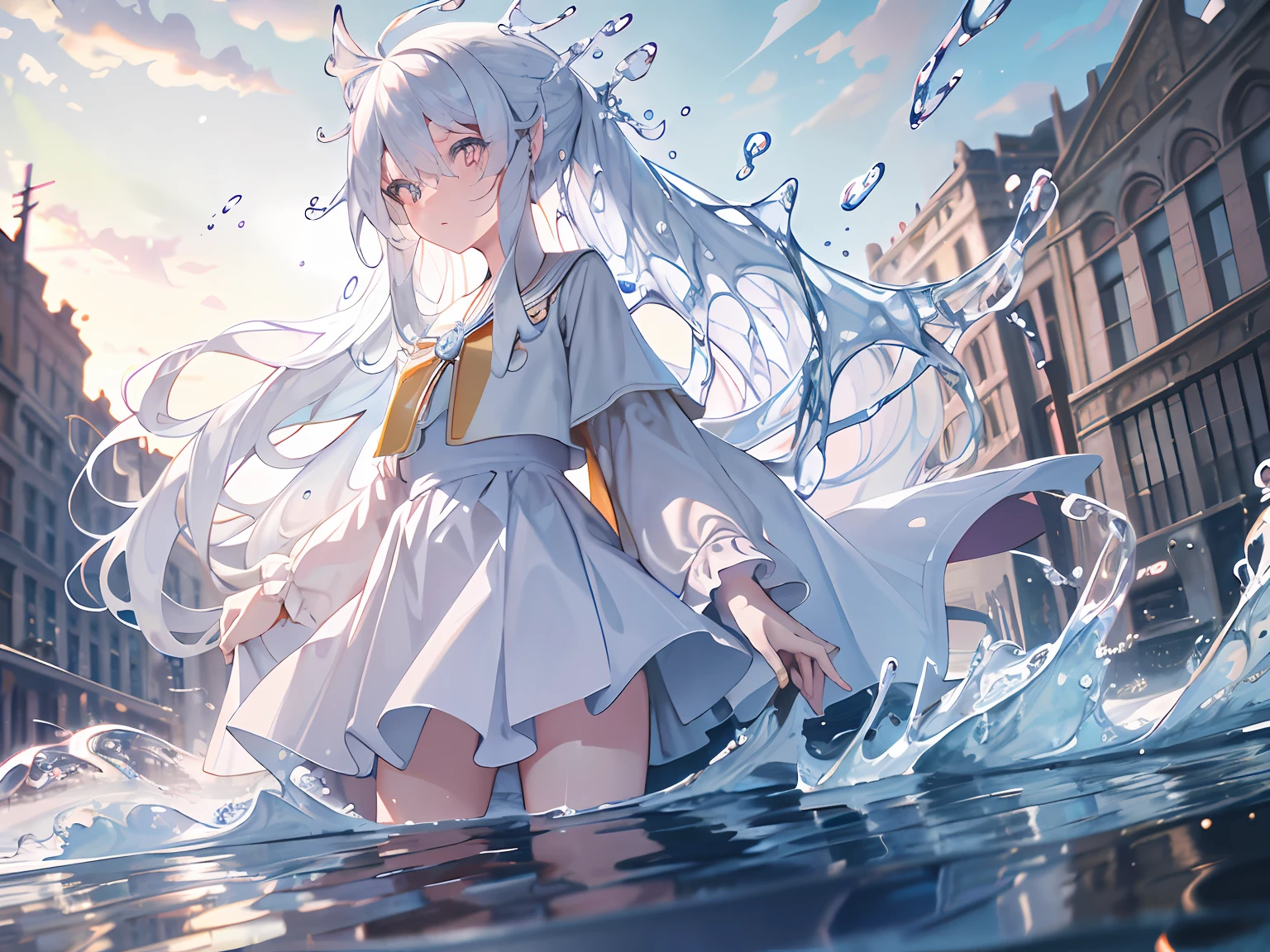 (Background), masterpiece, best quality,Illustration, Wallpaper, ultra detail, absurdres, 1girl, solo, (liquid hair:1.2), beautiful detailed eyes,
bangs, cowboy shot, long hair, magical girl, white hair, waves,  water,  water drop, looking to the side, wading, 
(street:1.5),  sun, cloudy sky,