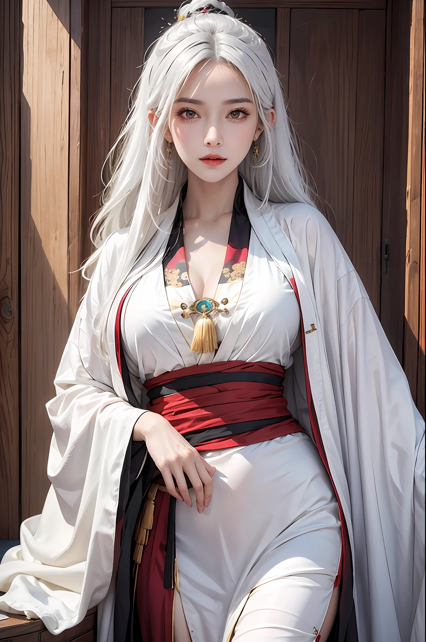 photorealistic, high resolution, 1women, solo, hips up, look at viewer, (detailed face), white hair, long hair, colorful Taoist robe,oversized clothes, midjourney portrait, jewelry