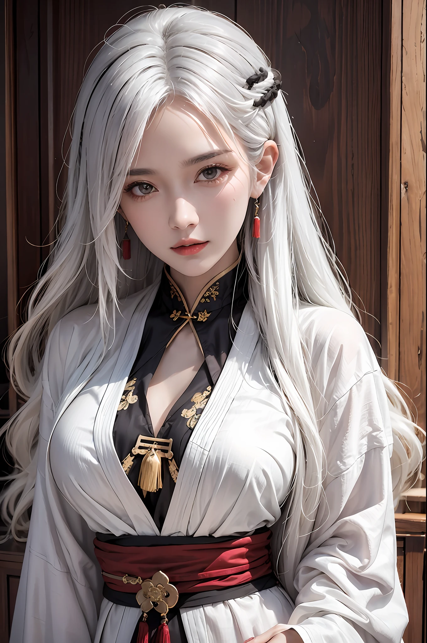 photorealistic, high resolution, 1women, solo, hips up, look at viewer, (detailed face), white hair, long hair, colorful Taoist robe,oversized clothes, midjourney portrait, jewelry