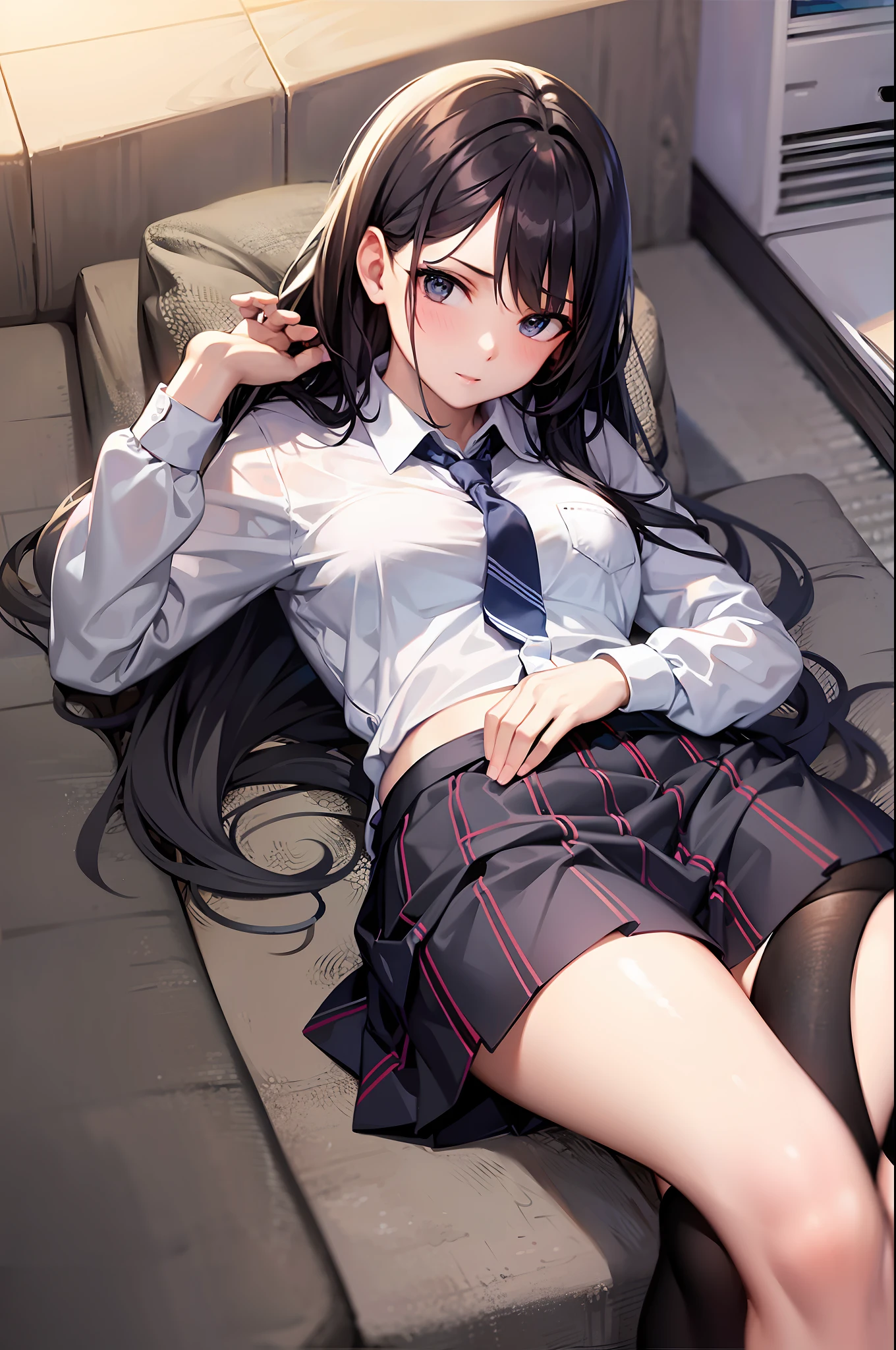 Anime girl laying on a couch with her legs crossed - SeaArt AI