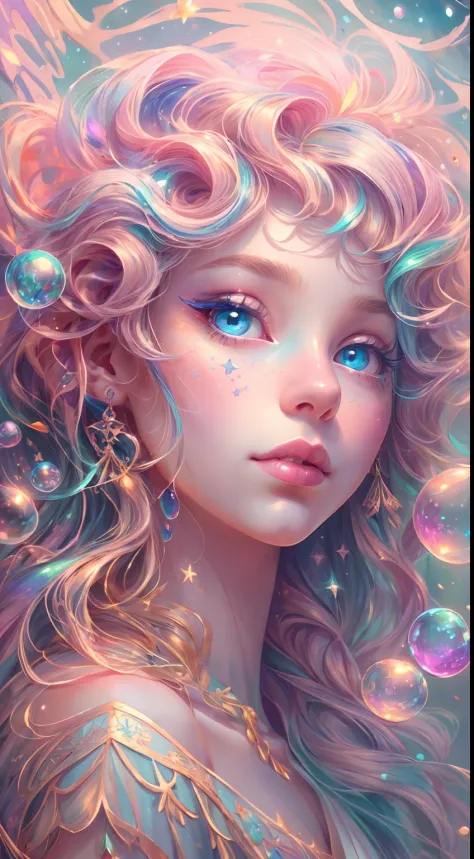((masterpiece)). This artwork is dreamy and ethereal, with soft pink watercolor hues. Generate a petite fairy exploring a bubble...