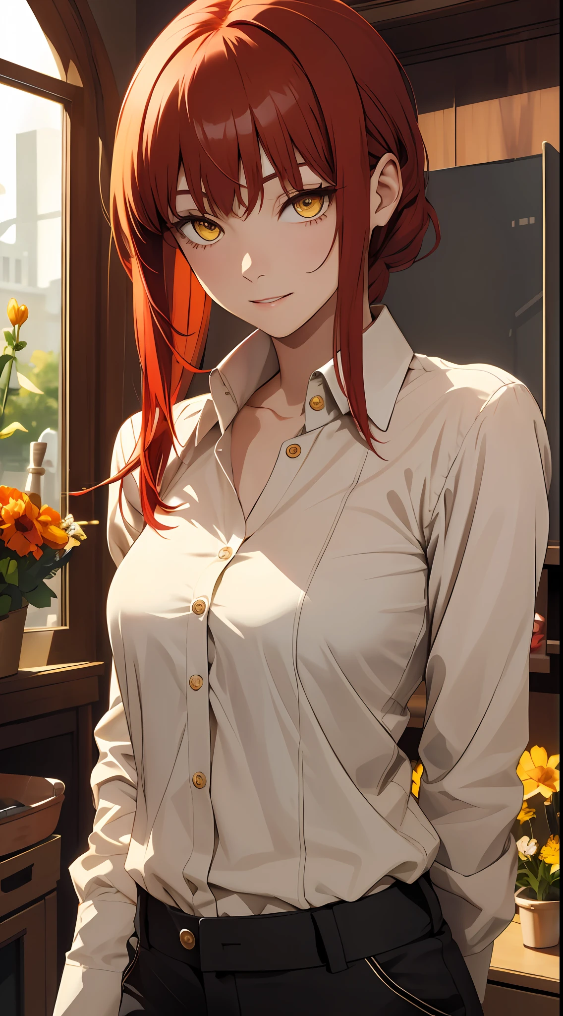 (masterpiece, best quality:1.2), solo, 1girl, red hair, yellow eyes, makima,, unbuttoned shirt with collar, on the chest, a lot of, black unbuttoned pants, wide hips,