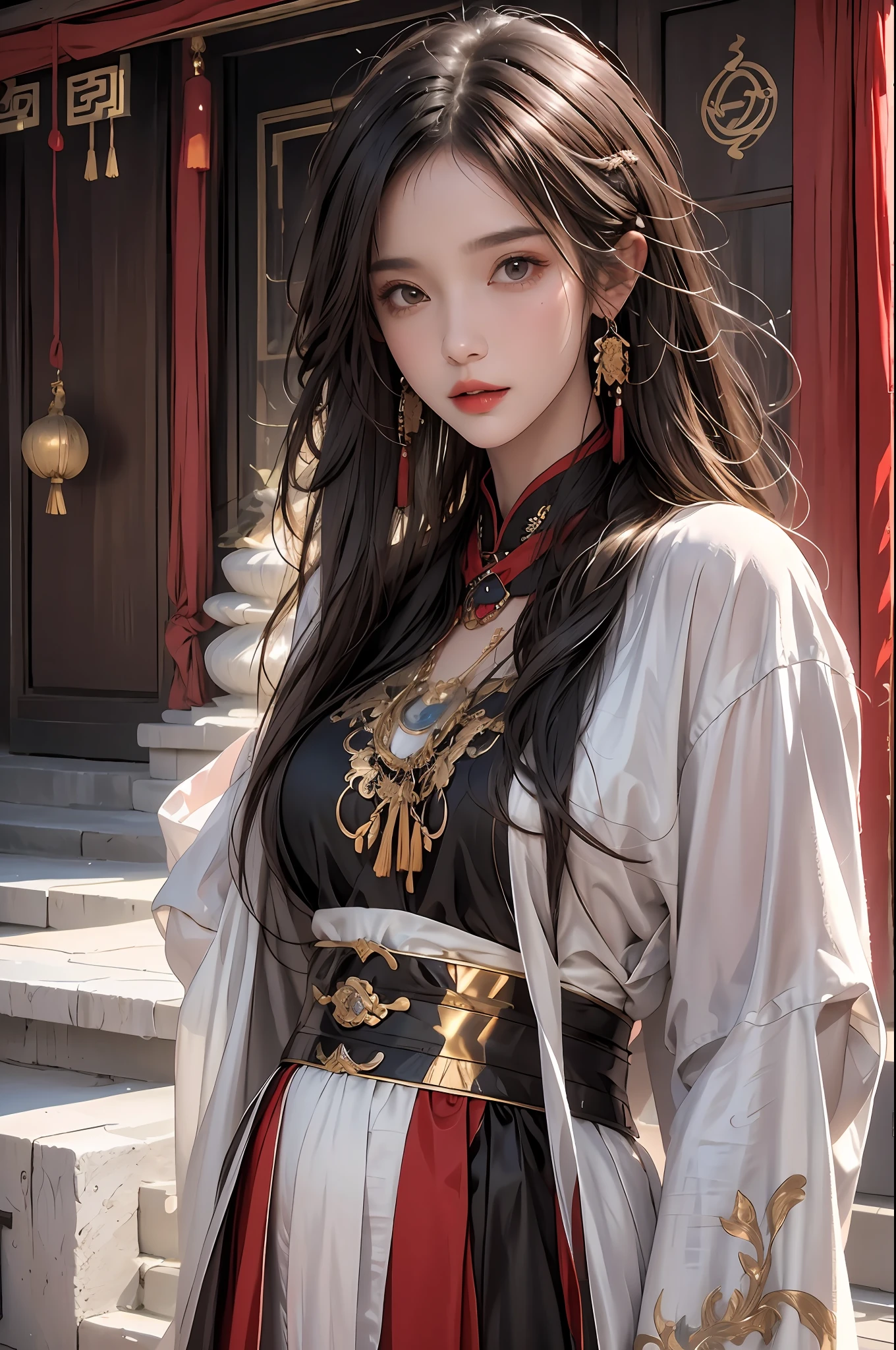photorealistic, high resolution, soft lights, 1women, solo, hips up, look at viewer, (detailed face), long hair, colorful Taoist robe,oversized clothes, midjourney portrait, jewelry