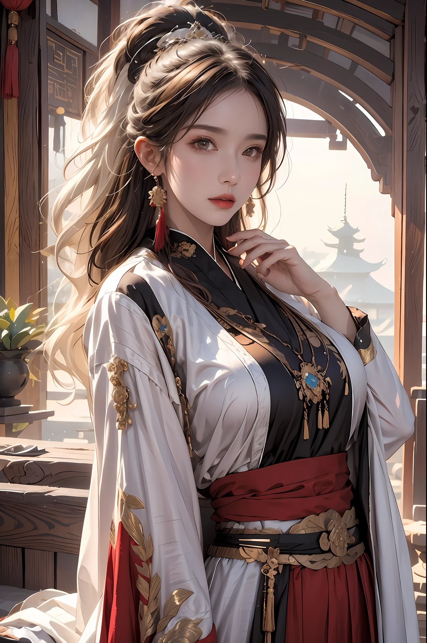 photorealistic, high resolution, soft lights, 1women, solo, hips up, look at viewer, (detailed face), long hair, colorful Taoist robe,oversized clothes, midjourney portrait, jewelry