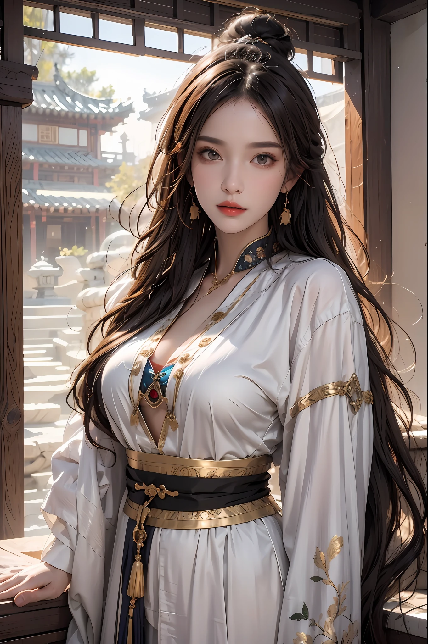 photorealistic, high resolution, soft lights, 1women, solo, hips up, look at viewer, (detailed face), long hair, colorful Taoist robe,oversized clothes, midjourney portrait, jewelry