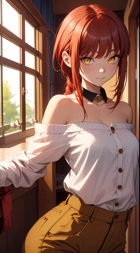 （tmasterpiece，best qualtiy：1.2），独奏，1girll，red hair，Off-the-shoulder attire，face expressionless，Yellow eyes，Makima，，Buttonless sh...